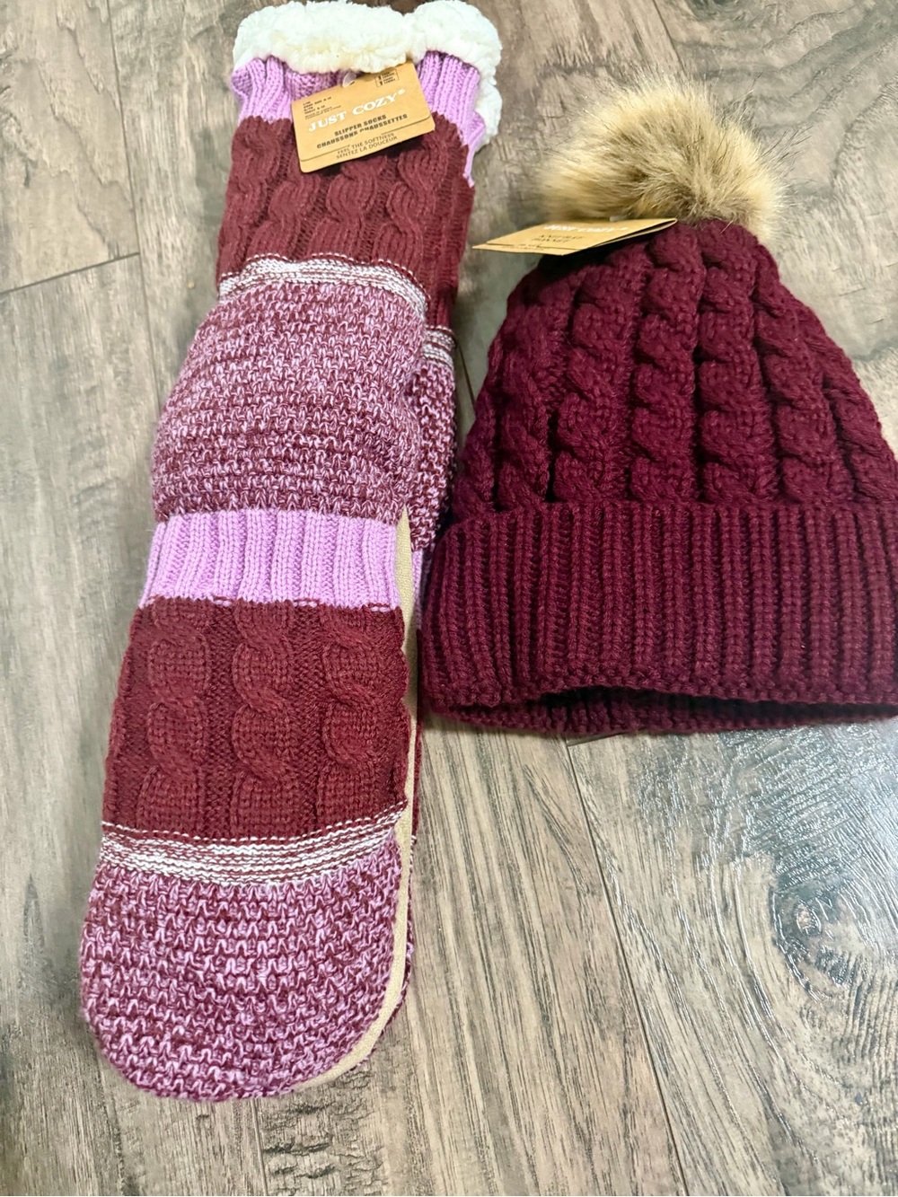 Cozy Knit Beanie and Bootie Set - Burgundy/Pink